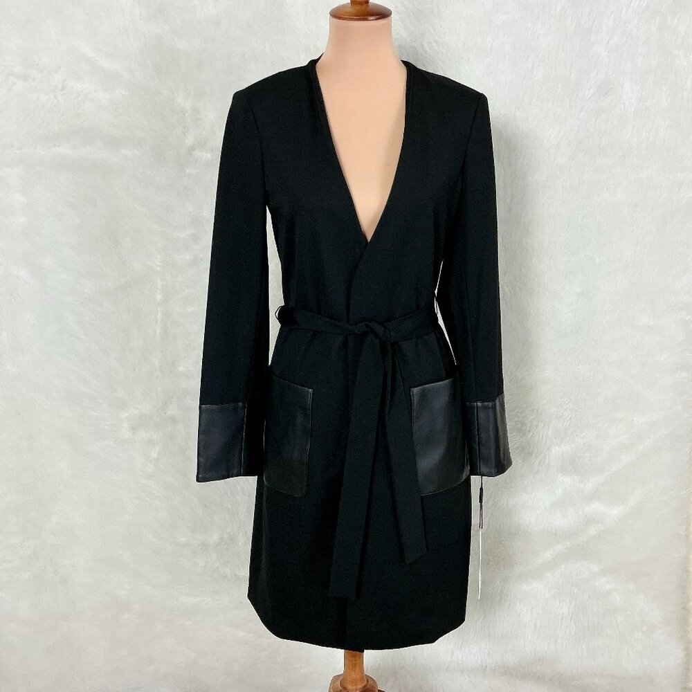 Calvin Klein Black Faux Leather Trim Belted Cardigan Sweater Jacket NWT 4